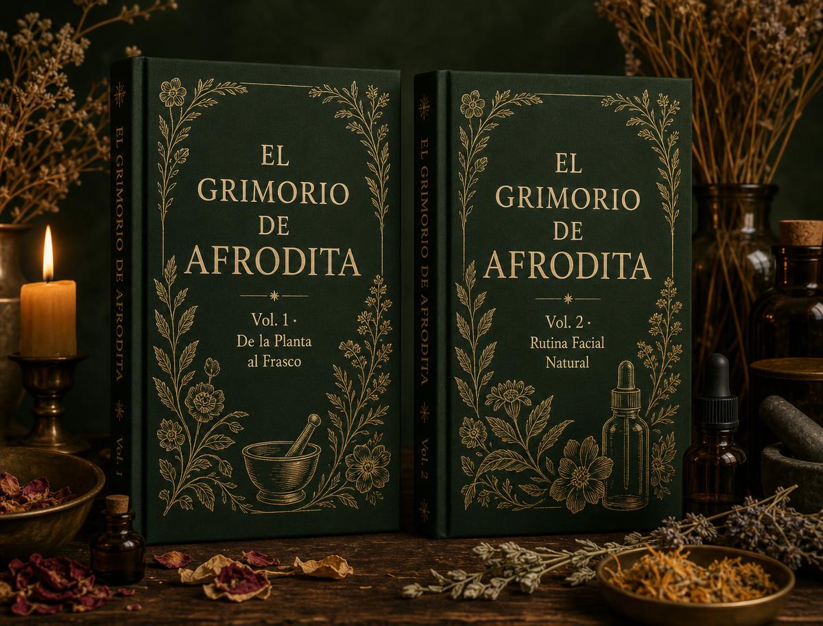 Los dos tomos de El Grimorio de Afrodita, Vol. 1 De la Planta al Frasco y Vol. 2 Rutina Facial Natural