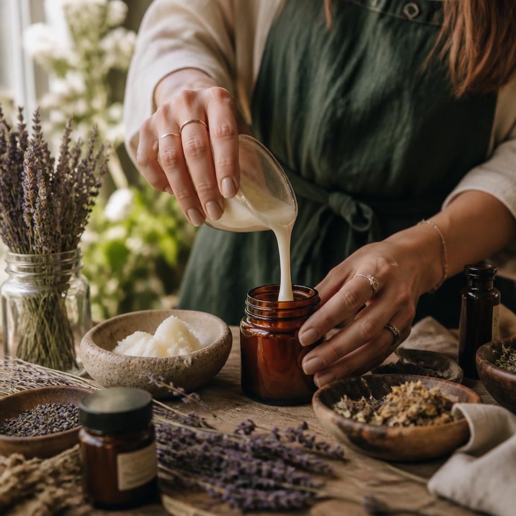 Manos preparando una crema natural artesanal con lavanda y manteca vegetal